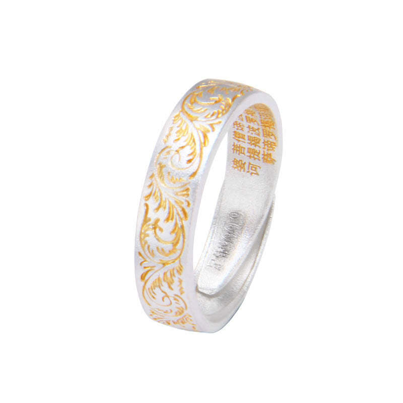 mystic zen Stone 999 Sterling Silver Gold-Painted Joyful Flower Pattern Peaceful Heart Sutra Ring