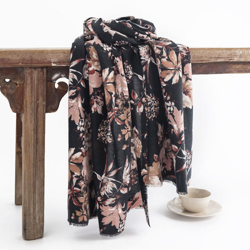 Tibetan Blooming Chrysanthemum Rose Flower Print Shawl Fall Winter Soft Warm Scarf Wrap