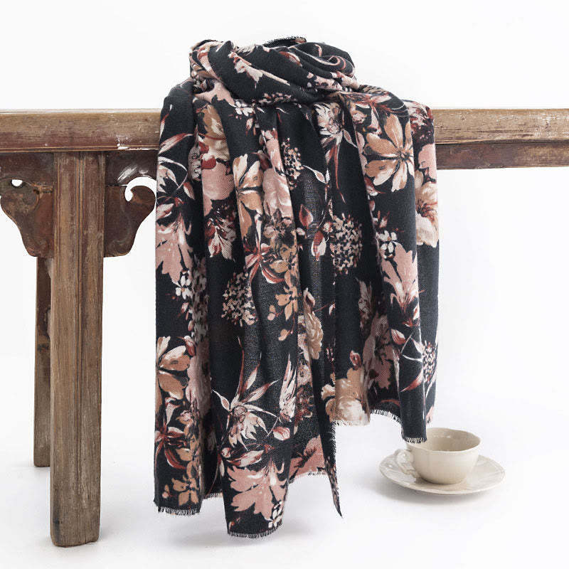 Tibetan Blooming Chrysanthemum Rose Flower Print Shawl Fall Winter Soft Warm Scarf Wrap