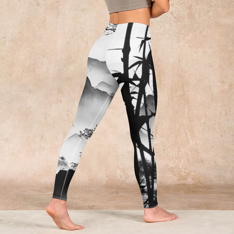 Ink Painting Bamboo Pine Mountain Scenery Print Gym Leggings Women's Yoga Pants