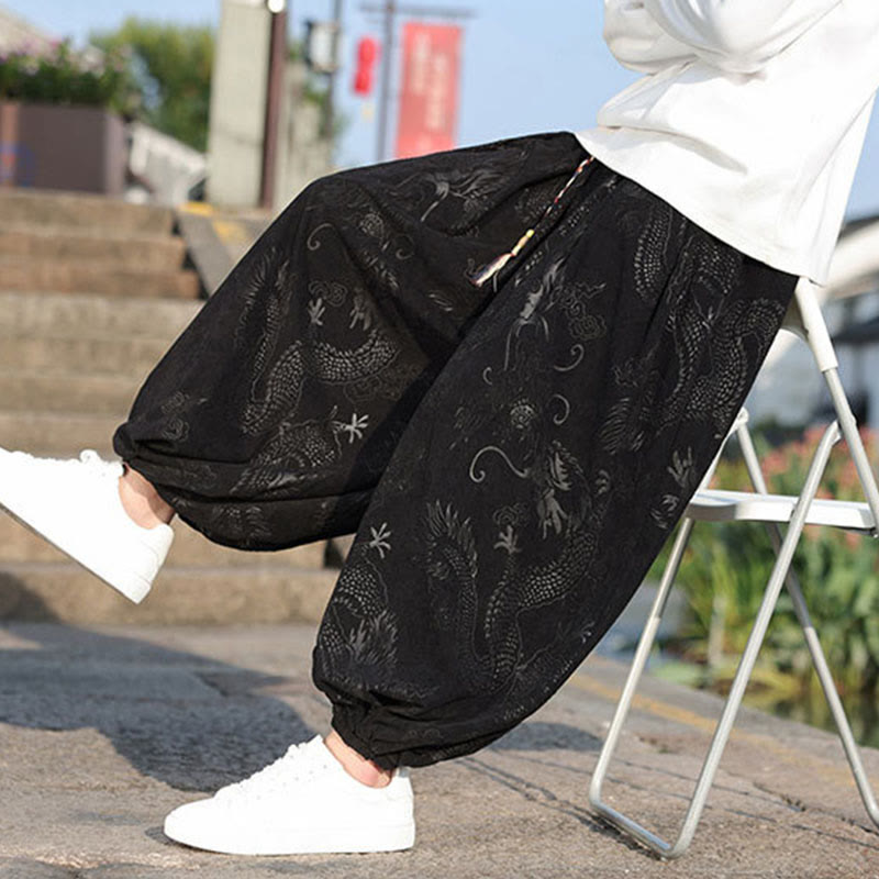 Dragon Design Casual Plain Cotton Men's Pants With Pockets