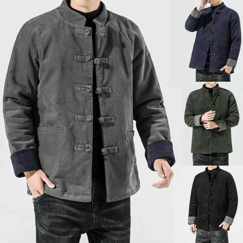 Frog-Button Chinese Tang Suit Stand Collar Long Shirt Corduroy Men Cotton Jacket Clothing