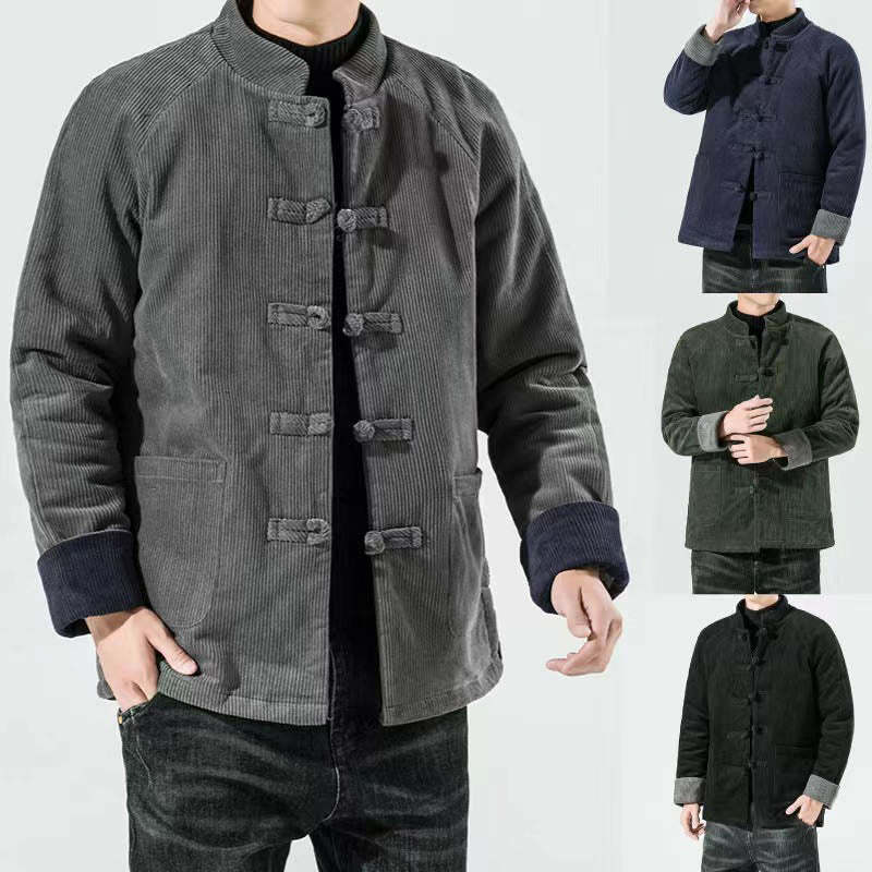 Frog-Button Chinese Tang Suit Stand Collar Long Shirt Corduroy Men Cotton Jacket Clothing