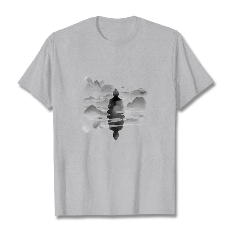 Meditating mystic zen Sitting In Mountains Pattern Cotton Tee T-shirt