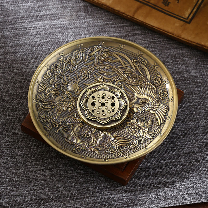 Lotus Dragon Phoenix Eight Auspicious Symbols Zinc Alloy Incense Stick Holder Healing Incense Burner Decoration