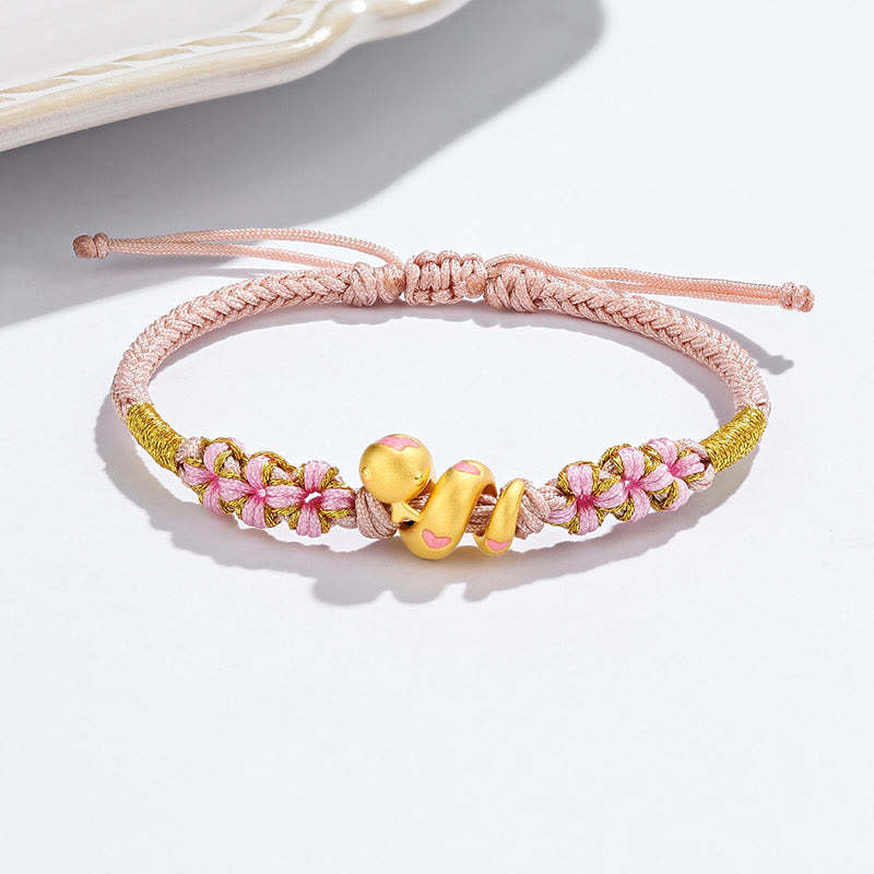 999 Gold Beads Enamel Pink Rope Year Of The Snake Luck Bracelet