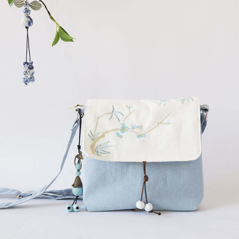 Handmade Embroidered Plum Flowers Canvas Crossbody Bag Shoulder Bag Handbag