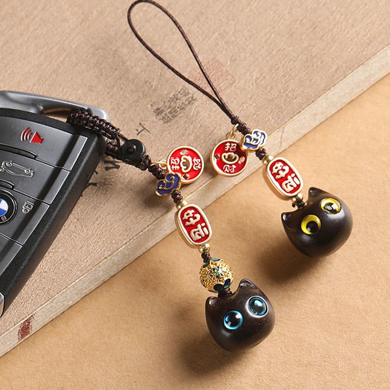 Ebony Wood Lucky Cat Auspicious Cloud Peace Key Chain Phone Hanging Decoration