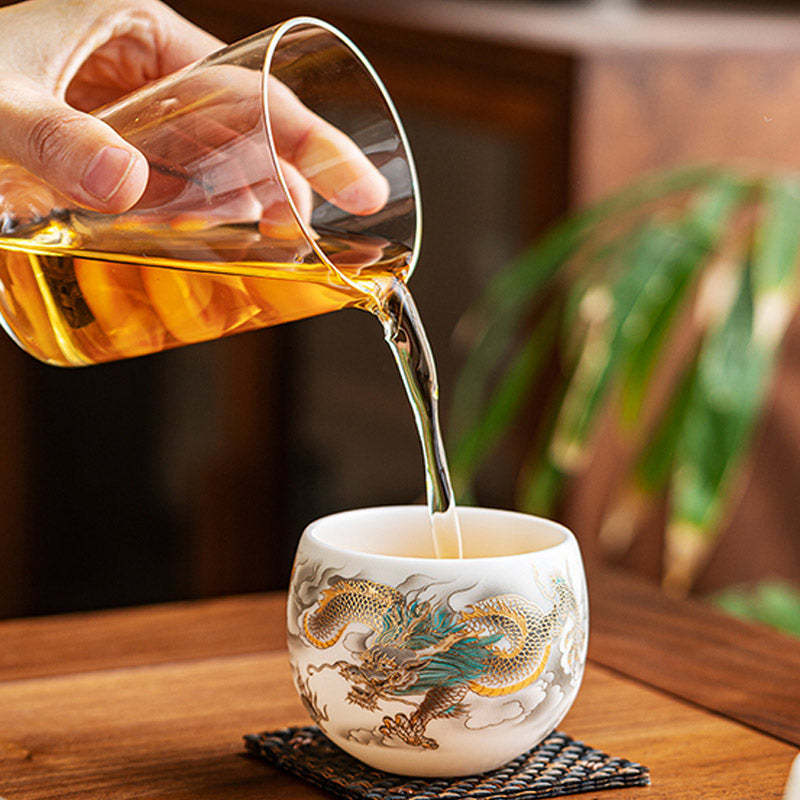Dragon Phoenix Auspicious Clouds Ceramic Teacup Kung Fu Tea Cup With Gift Box