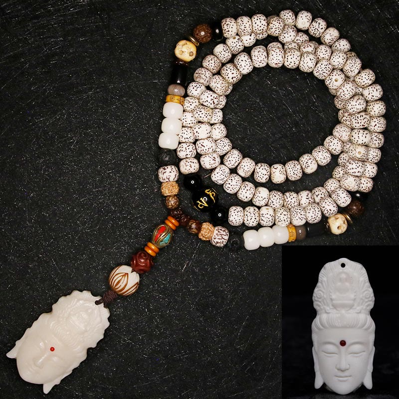 108 Mala Beads Bodhi Seed Yak Bone Avalokitesvara Lucky Pixiu Guan Gong mystic zen Demon Peace Tassel Bracelet