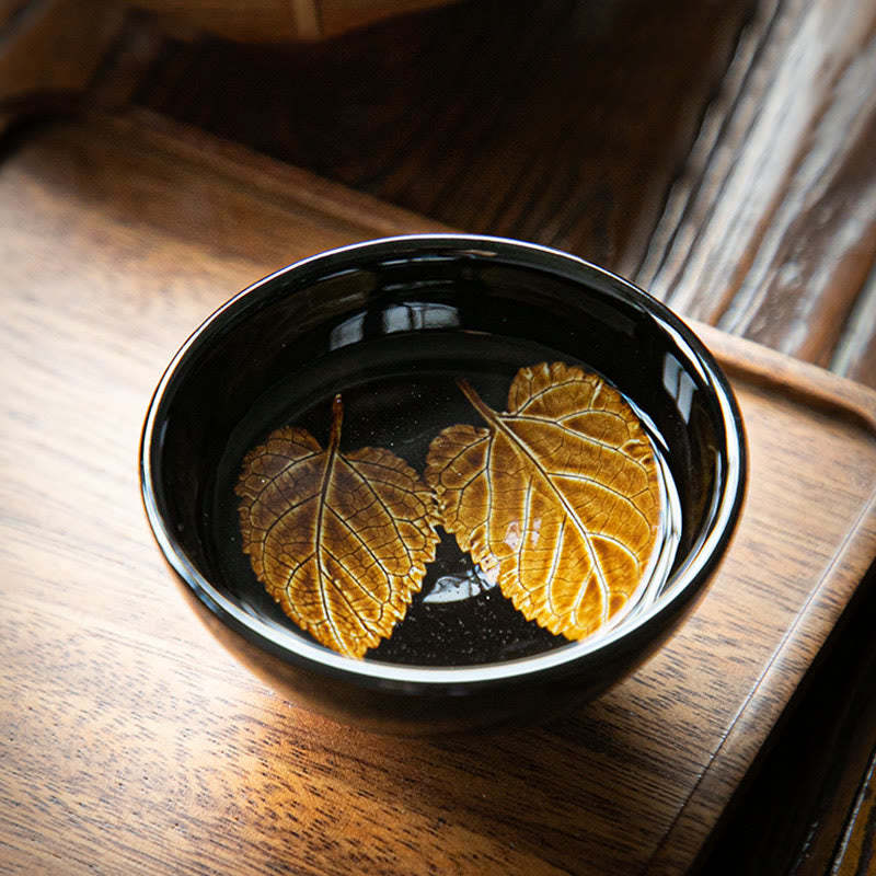 Gold Maple Leaf Chinese Jianzhan Ceramic Teacup Tenmoku Kung Fu Tea Cup Bowl