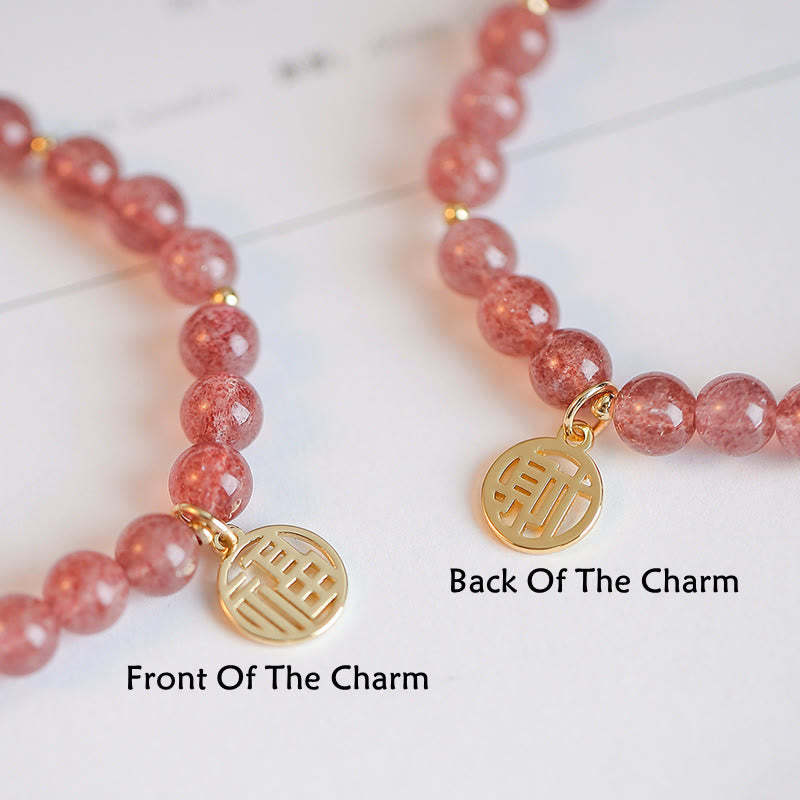 14K Gold Plated Strawberry Quartz Fu Character Healing Charm Bracelet