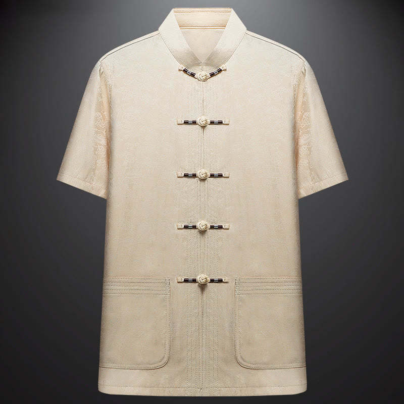 Along the River During the Qingming Festival Pattern Traditional Tang Suit Short Sleeve Shirt Pants Clothing Men's Set