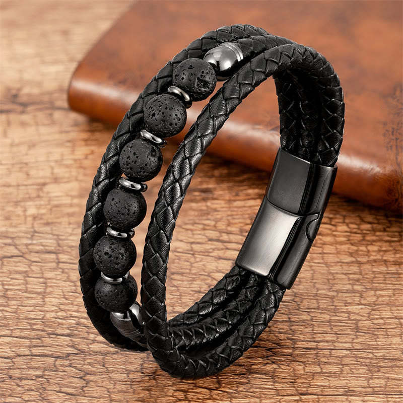 Tiger Eye Lava Rock Hematite Black Onyx Bead Positive Leather Bracelet