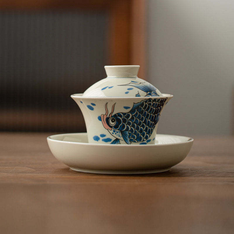 Koi Fish Arowana Ceramic Gaiwan Sancai Teacup Kung Fu Tea Cup With Lid 130ml