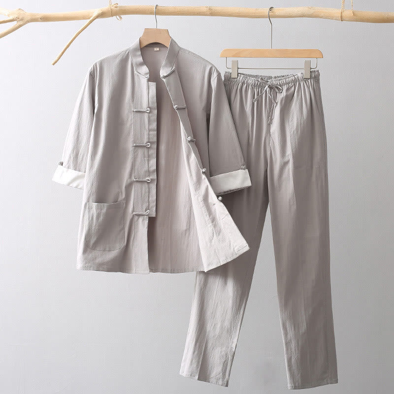 Tang Frog-Button Three Quarter Sleeve Shirt Wide Leg Pants Cotton Linen Men's Suit