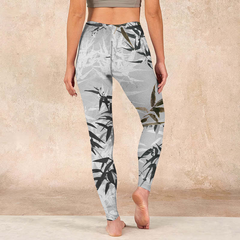 Dark Gray Bamboo Leaves Print Gym Leggings Women's Yoga Pants