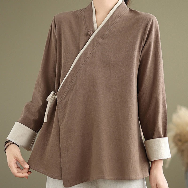 Fall Solid Color Hanfu Long Sleeve Lace Up Women's Shirt