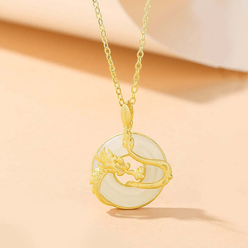 925 Sterling Silver Year of the Dragon Hetian Jade Golden Dragon Phoenix Peace Buckle Luck Necklace Pendant
