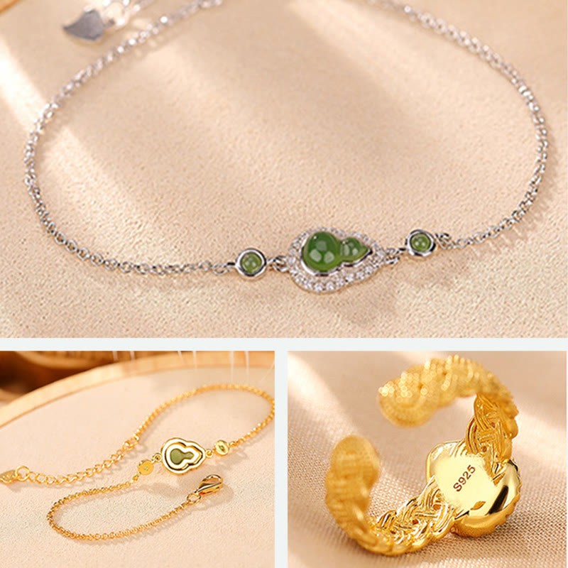925 Sterling Silver Plated Gold Natural Hetian Cyan Jade Gourd Luck Bracelet Ring Set