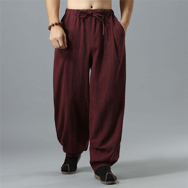 Casual Solid Color Drawstring Cotton Linen Men's Pants With Pockets