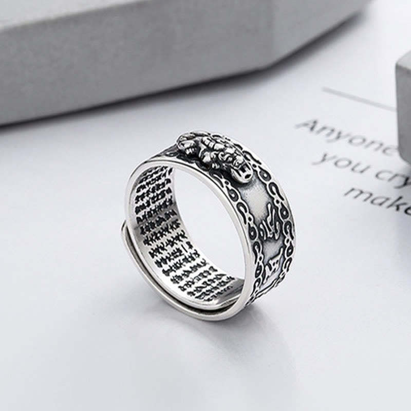 925 Sterling Silver PiXiu Scripture Carved Wealth Adjustable Ring