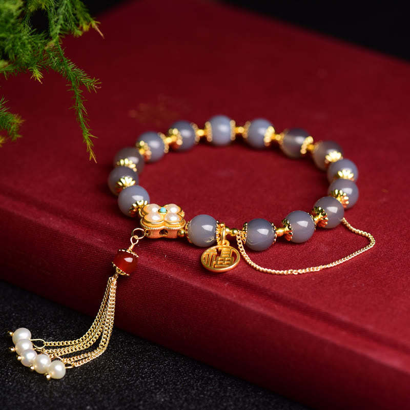 Natural Gray Agate Fu Character Pearl Tassel Balance Bracelet