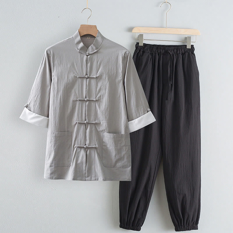 Tang Frog-Button Three Quarter Sleeve Shirt Pants Men's Suit