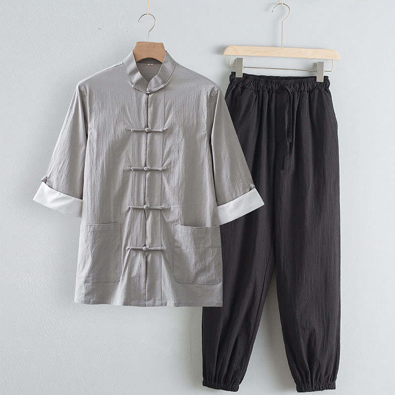 Tang Frog-Button Three Quarter Sleeve Shirt Pants Men's Suit