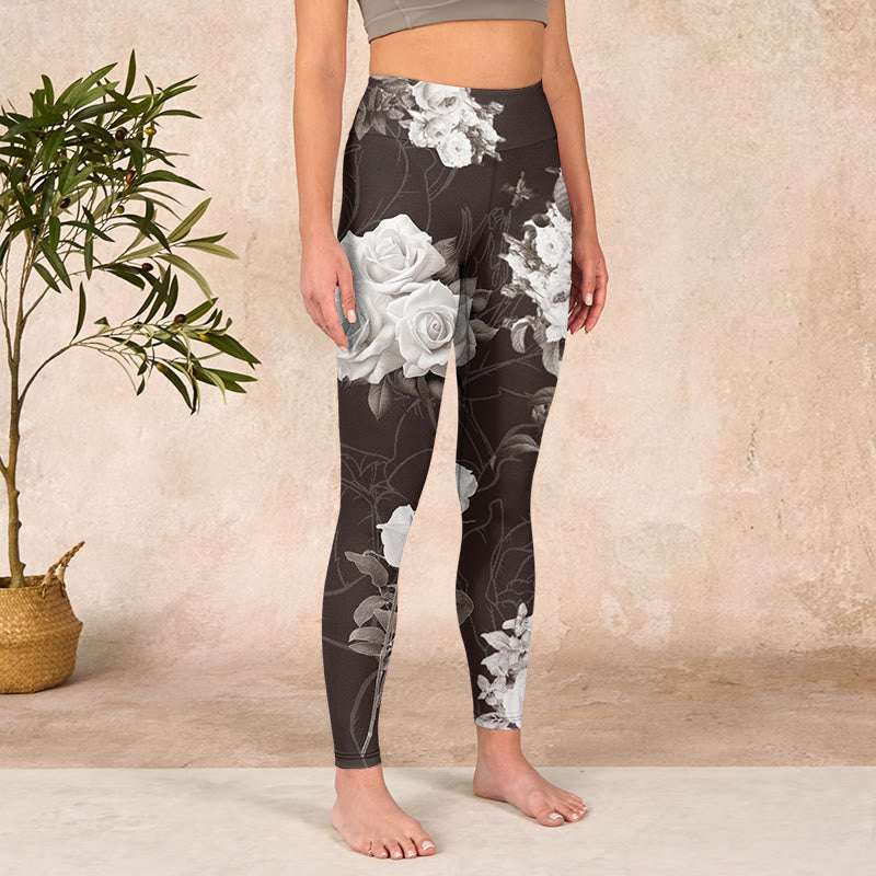Gray White Rose Print Gym Fitness Leggings Women's Yoga Pants
