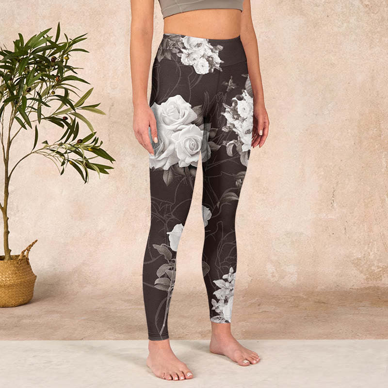 Gray White Rose Print Gym Fitness Leggings Women's Yoga Pants