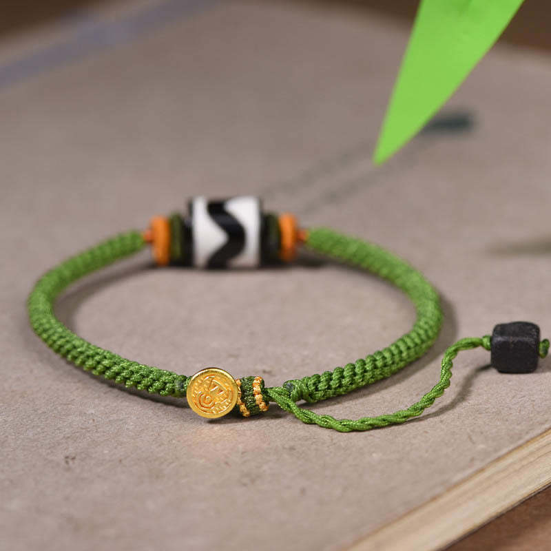 Handmade Tibetan Dzi Bead Protection Braided Green Rope Bracelet