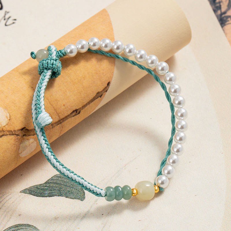 925 Sterling Silver Hetian Jade Braided Rope Pearl Abundance Bracelet