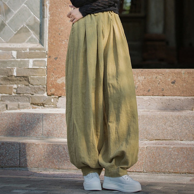 Casual Plain Loose Waist Tie Rope Women's Ramie Cotton Pants With Pockets