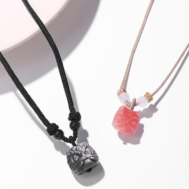 Natural Silver Sheen Obsidian Red Agate Dancing Lion Protection Necklace Pendant