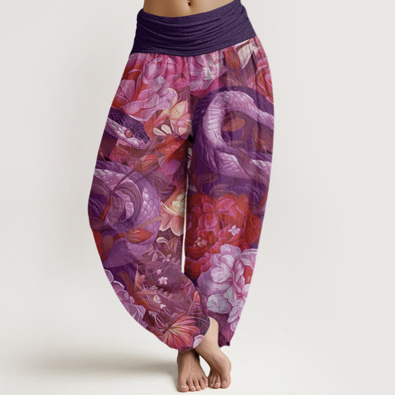 Snake Peony Flowers Leaf Pattern Women's Elastic Waist Harem Pants