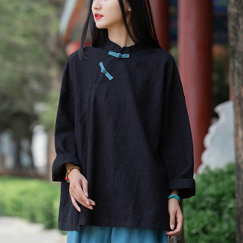 Ramie Linen Loose Blouse Women Long Sleeve Shirt Chinese Hanfu Top