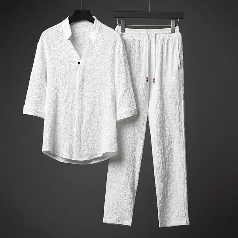 2Pcs Solid Color Texture Button Half Sleeve Shirt Pants Men's Set