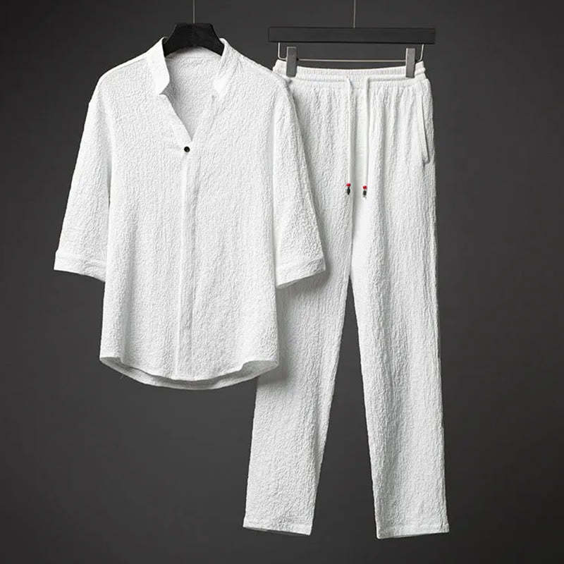 2Pcs Solid Color Texture Button Half Sleeve Shirt Pants Men's Set