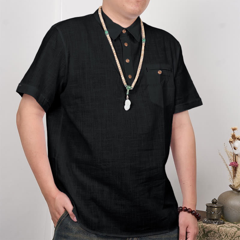 Men's Solid Color Button Short Sleeve Cotton?Linen Polo Shirt