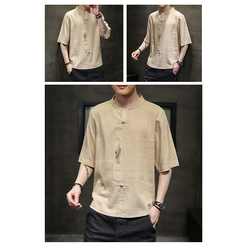 Frog-Button Phoenix Embroidery Chinese Tang Suit Short Sleeve Shirt Cotton Linen Men Clothing