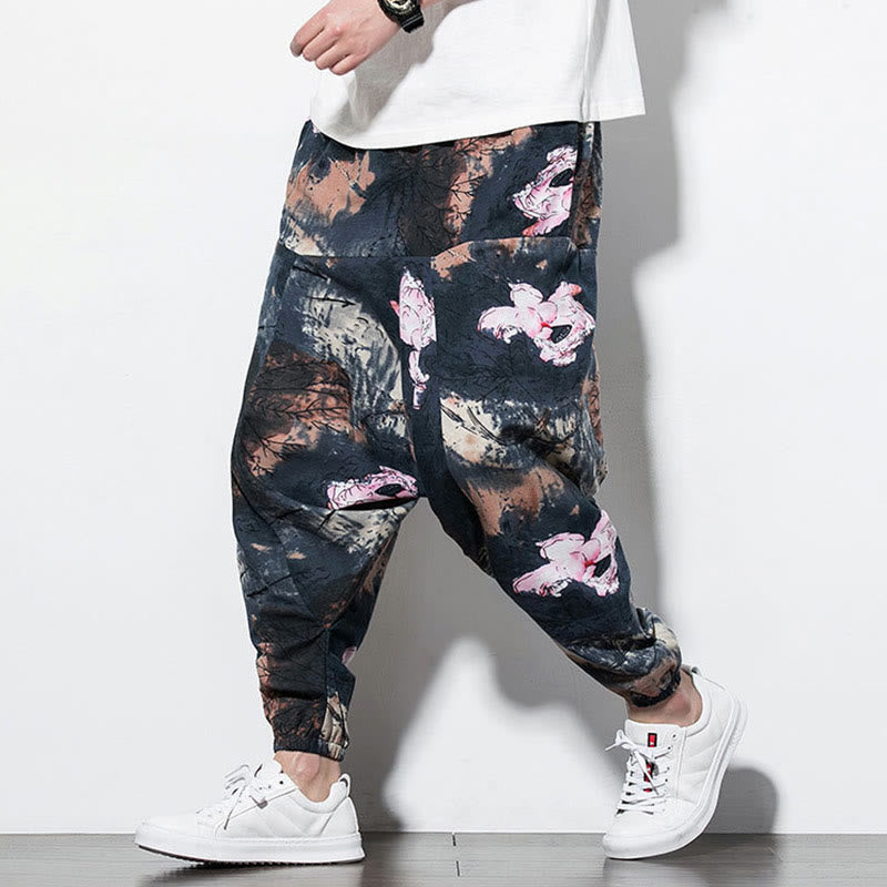 Pink Lotus Ink Painting Print Cotton Men's Long Cropped Harem Pants With Pockets