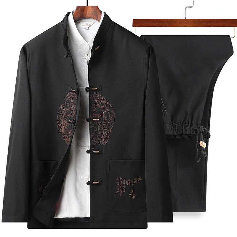 Chinese New Year Embroidered Tang Suit Hanfu Traditional Uniform Long Sleeve Top Pants Clothing Men's Set