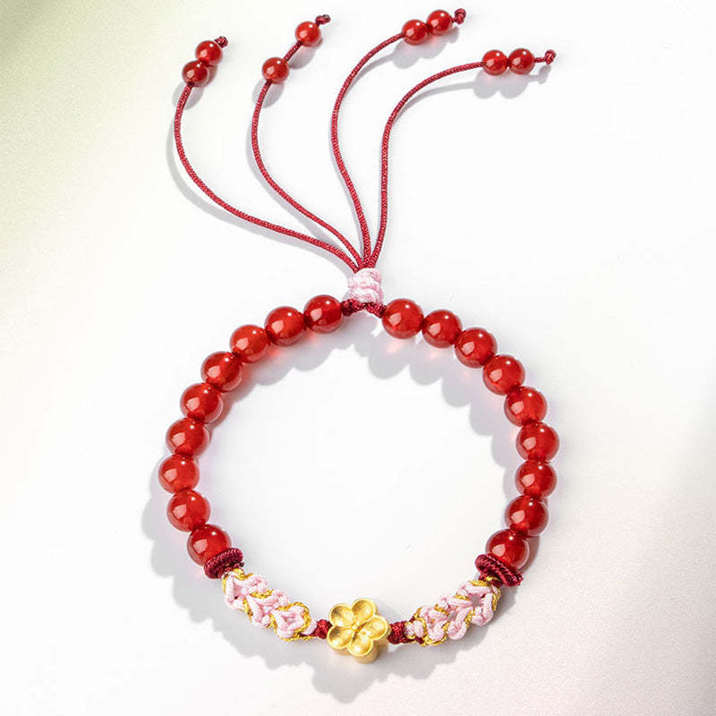 999 Sterling Silver Natural Red Agate Pink Crystal Cherry blossom Bracelet