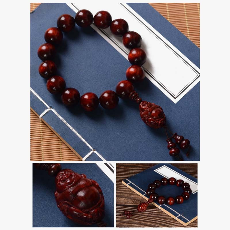 Small Leaf Red Sandalwood Laughing mystic zen God of Wealth Protection Bracelet