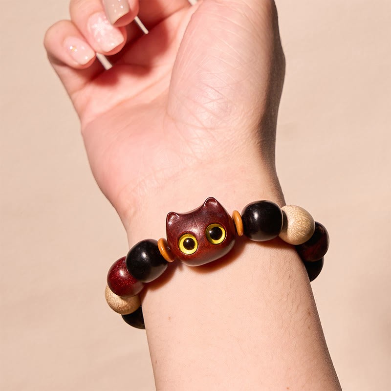 Small Leaf Red Sandalwood Ebony Wood Cute Cat Engraved Protection Bracelet