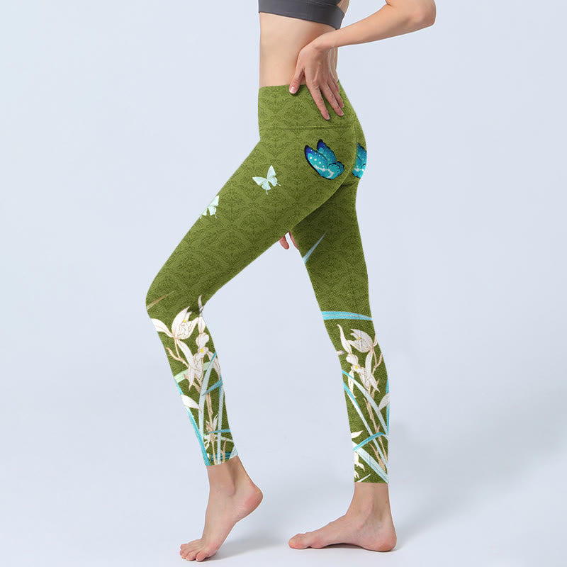 Green Butterfly Orchid Flowers Print Gym Leggings Women's Yoga Pants