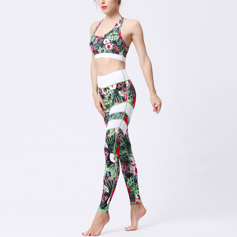 2Pcs Sunflower Flowers Leaves Print Top Pants Sports Fitness Yoga Women's Yoga Sets