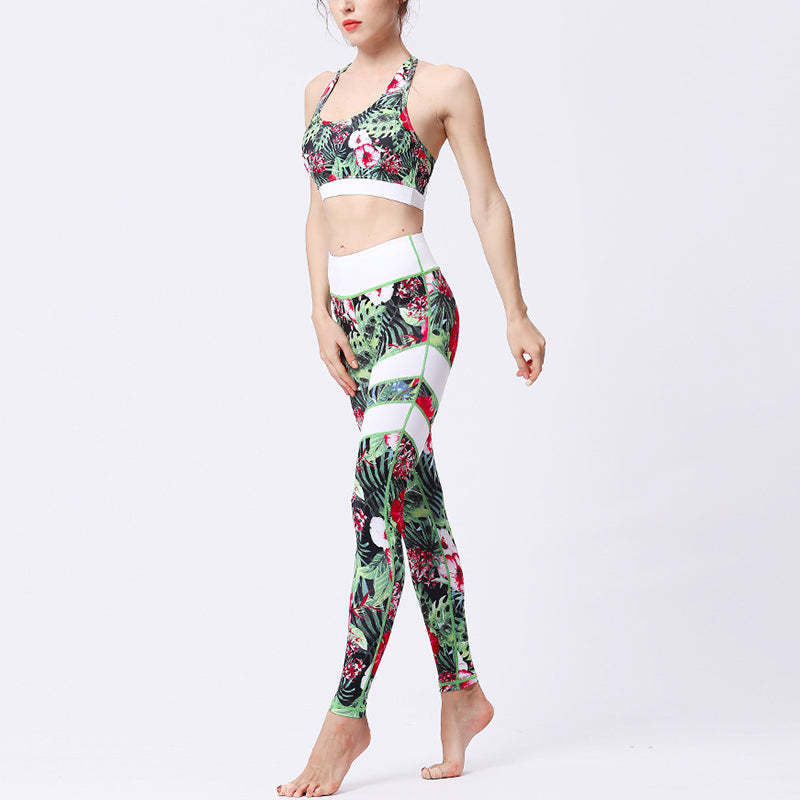 2Pcs Sunflower Flowers Leaves Print Top Pants Sports Fitness Yoga Women's Yoga Sets