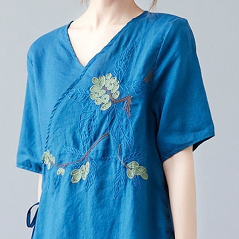 Summer Casual Ethnic Embroidery Flower Lace-up Short Sleeve V-neck Cotton Linen Women's T-Shirt